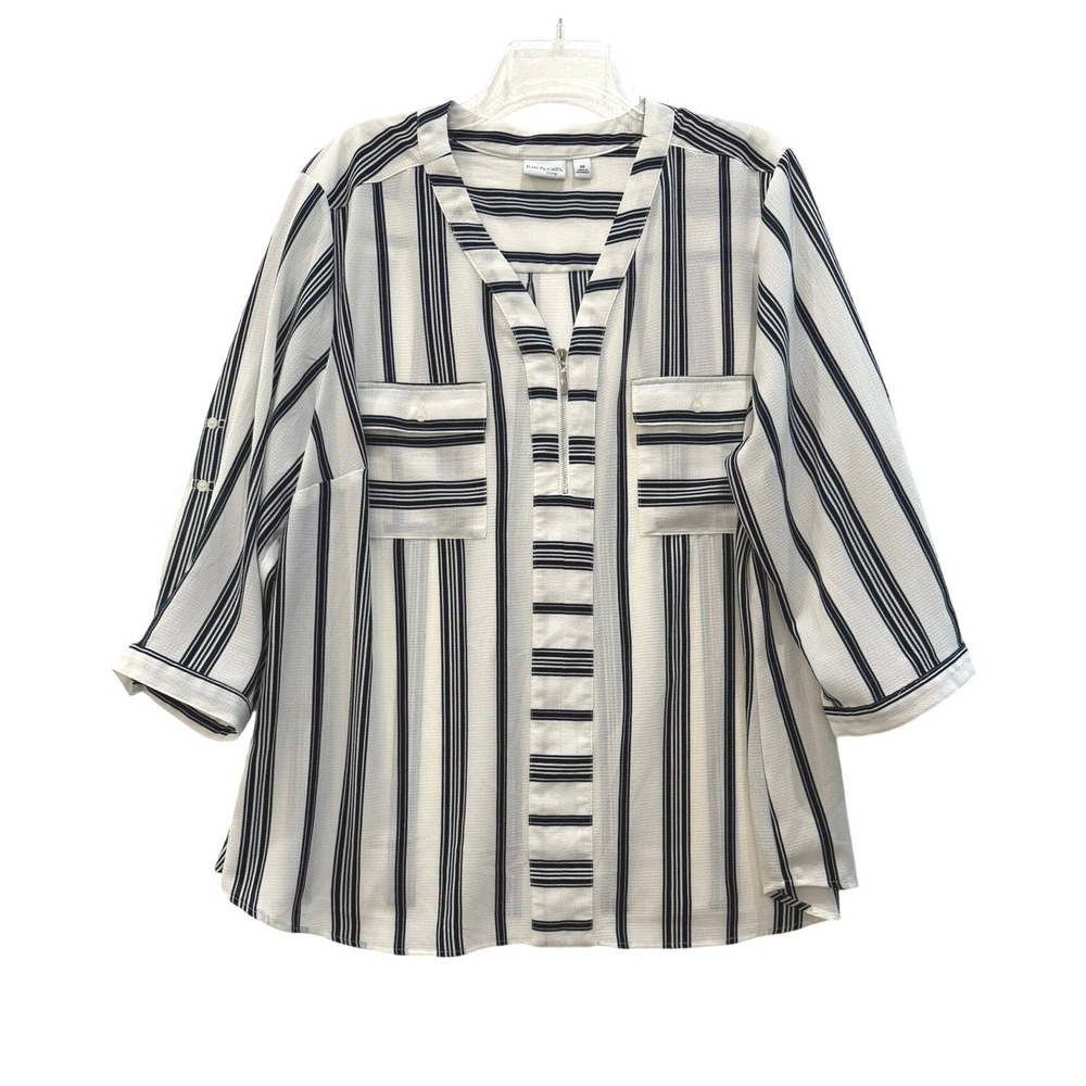 Kim Rogers Curvy Womens 3X‎ Blouse Navy White Striped Zip Neck Roll Tab Sleeve